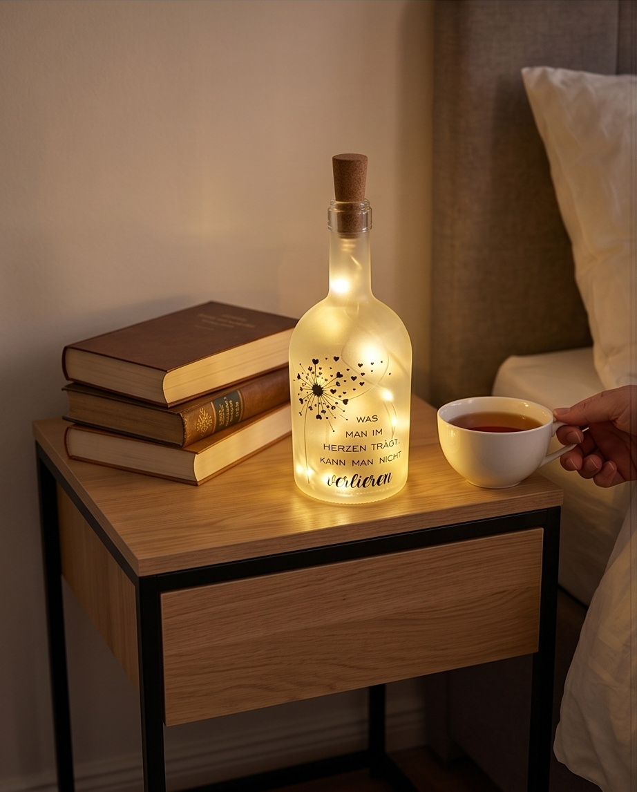 Erinnerungslicht "Für immer im Herzen" | LED Trauerflasche