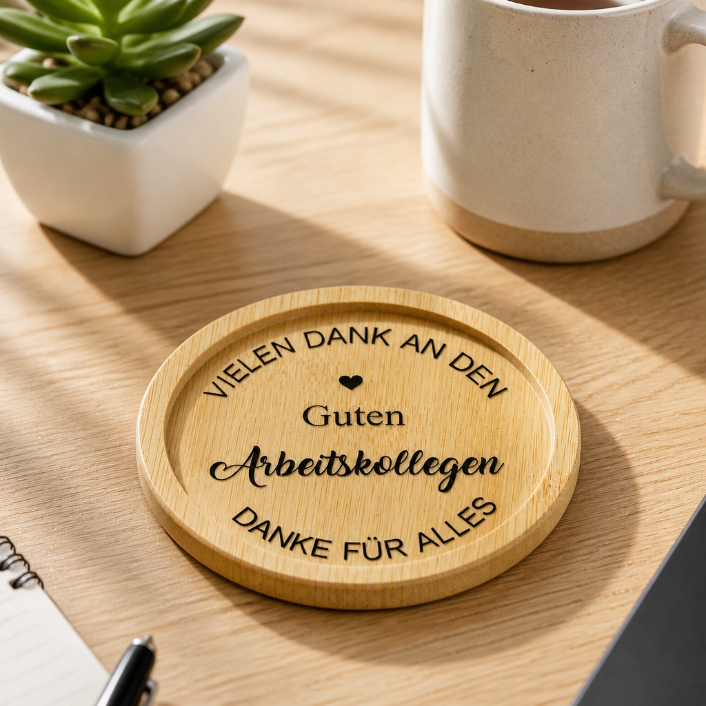Runder Untersetzer aus Bambus mit Vinylfolie "Vielen Dank an den guten Arbeitskollegen", mit Epoxy versiegelt
