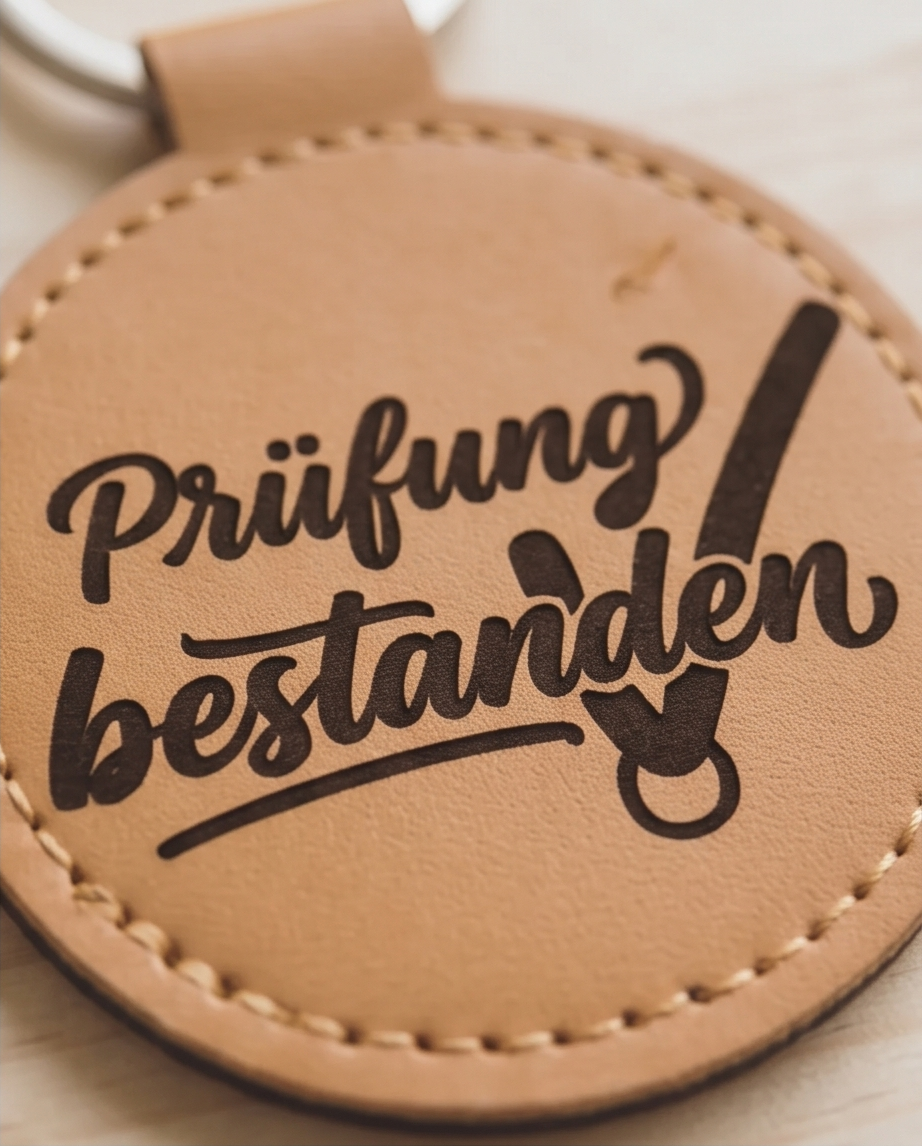 Nahaufnahme des Flexfolien-Aufdrucks "Prüfung bestanden" auf Leder-Schlüsselanhänger