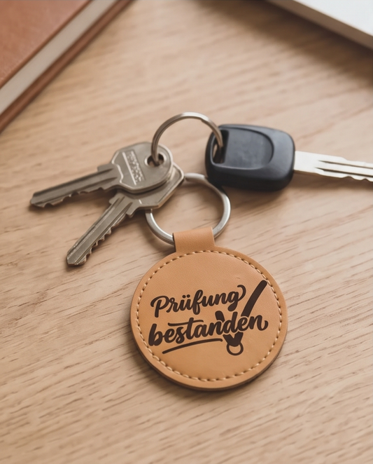 Leder-Schlüsselanhänger cognac mit Flexfolie "Prüfung bestanden" an Schlüsselbund