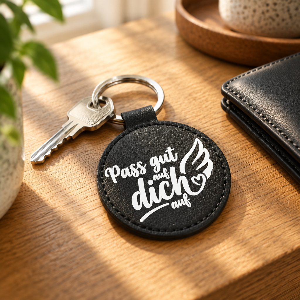 Schlüsselanhänger Pass gut auf dich auf schwarz - runder Kunstleder Anhänger mit weissem Aufdruck Engelsflügel und Herz - auf Holztisch mit Schlüssel und Portemonnaie - Geschenk Idee