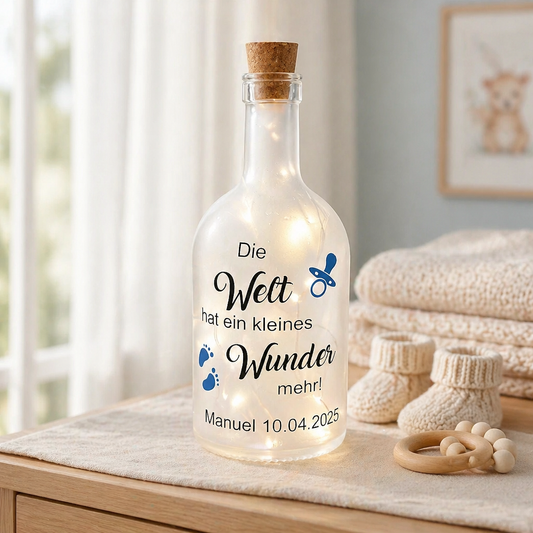 Geschenk mit Bedeutung | LED-Flasche "Die Welt braucht mehr Wunder" - Geburt