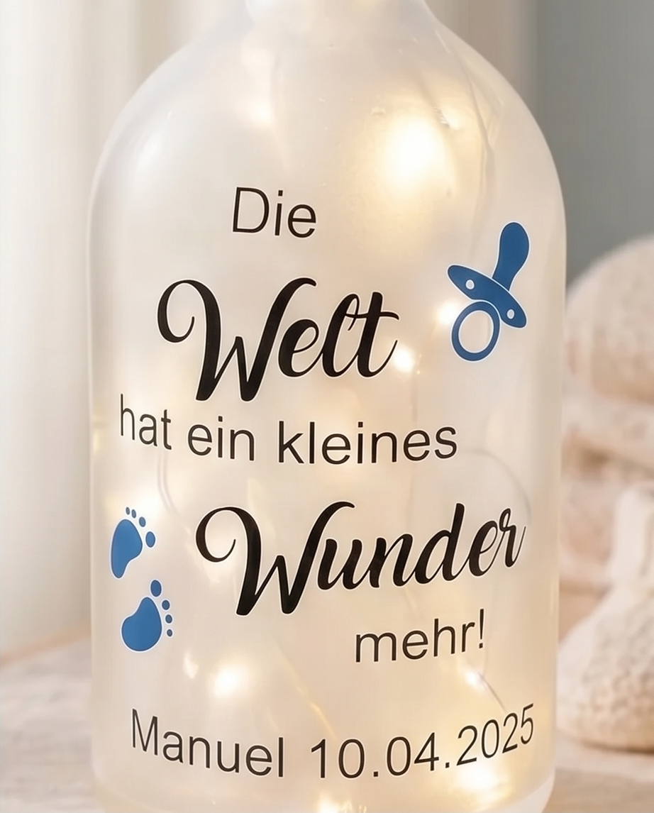 Geschenk mit Bedeutung | LED-Flasche "Die Welt braucht mehr Wunder" - Geburt