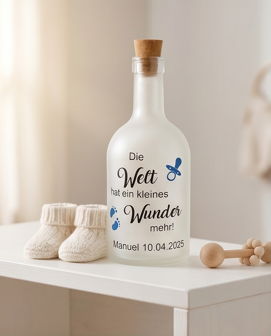 Geschenk mit Bedeutung | LED-Flasche "Die Welt braucht mehr Wunder" - Geburt