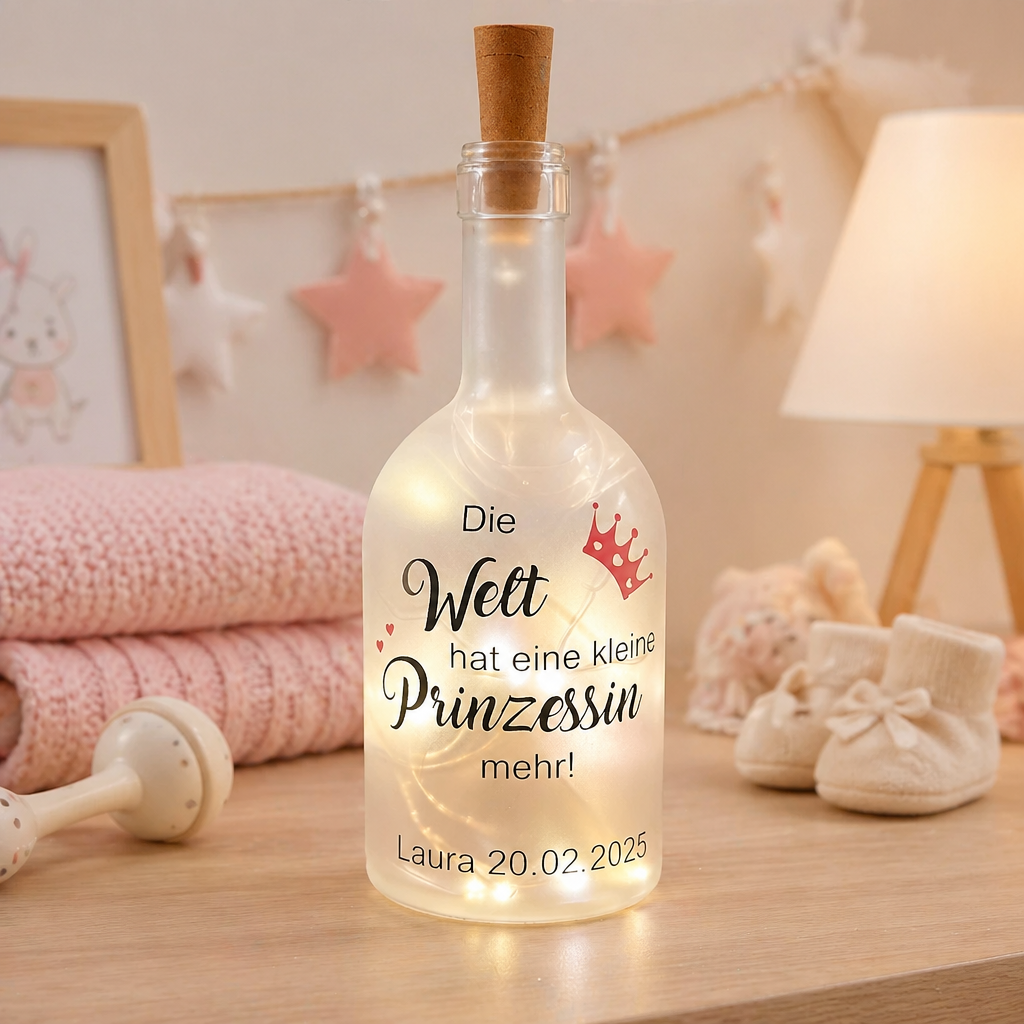 Die Welt hat eine kleine Prinzessin mehr - LED Flasche mit Name & Datum