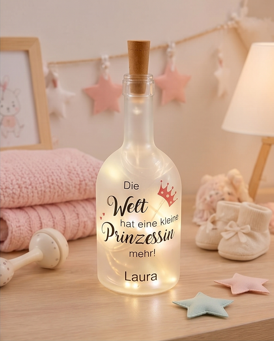 Die Welt hat eine kleine Prinzessin mehr - LED Flasche mit Name & Datum