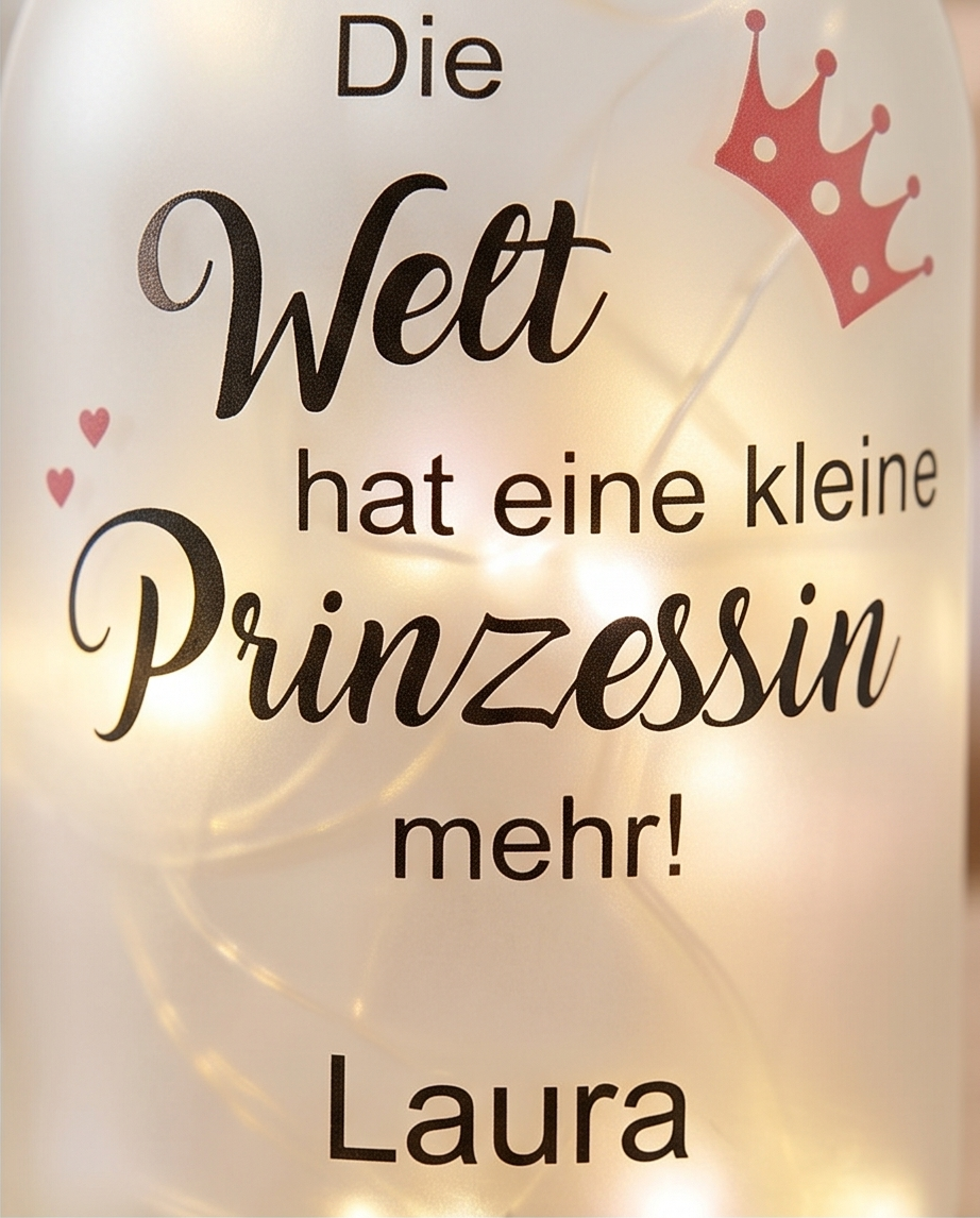 Die Welt hat eine kleine Prinzessin mehr - LED Flasche mit Name & Datum