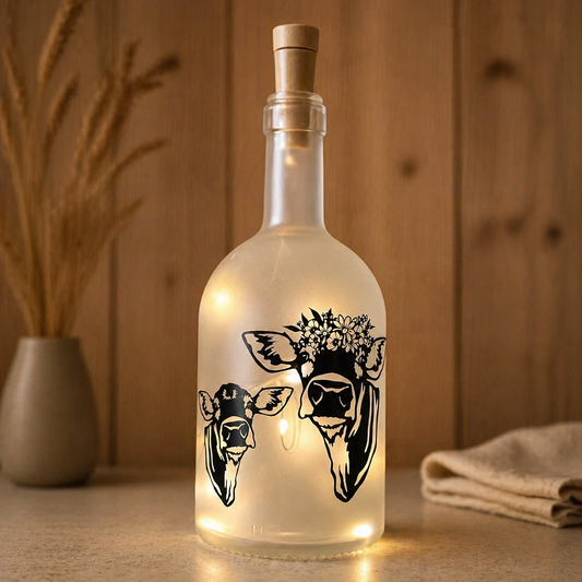 Geschenk für Kuh-Liebhaber | LED Flasche "Kuh mit Blumenkranz"