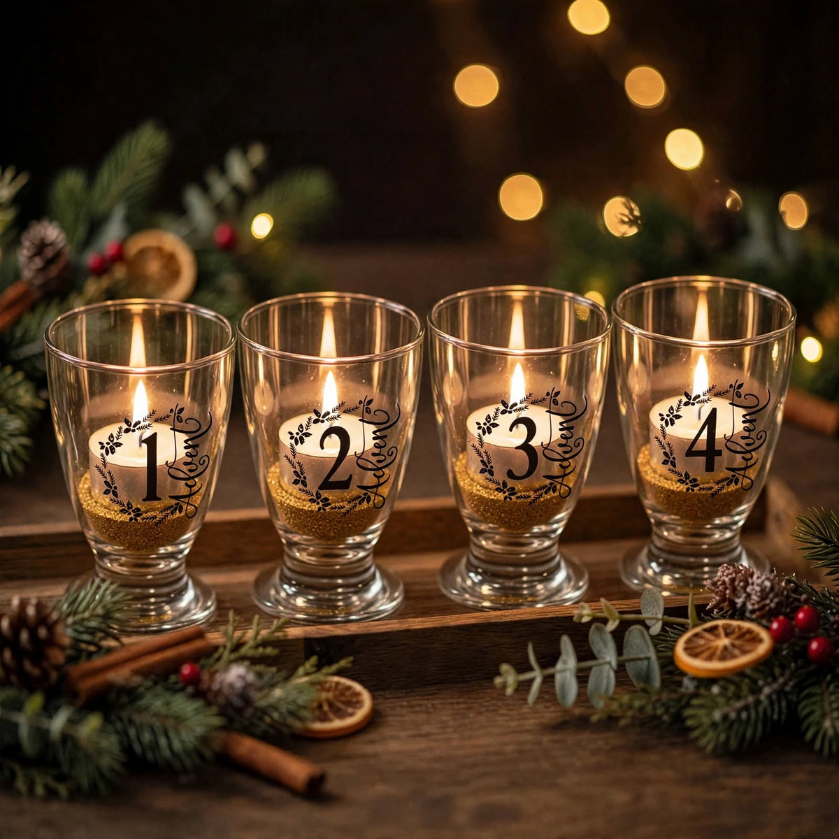 Adventsset mit 4 Teelichtgläsern Advent 1-4 mit goldigem Deko-Sand auf Holztablett, weihnachtlich dekoriert