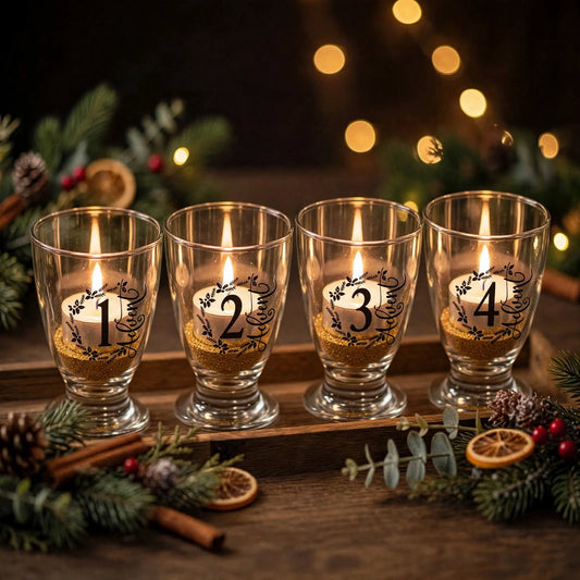 Adventsset mit 4 Teelichtgläsern Advent 1-4 mit goldigem Deko-Sand auf Holztablett, weihnachtlich dekoriert