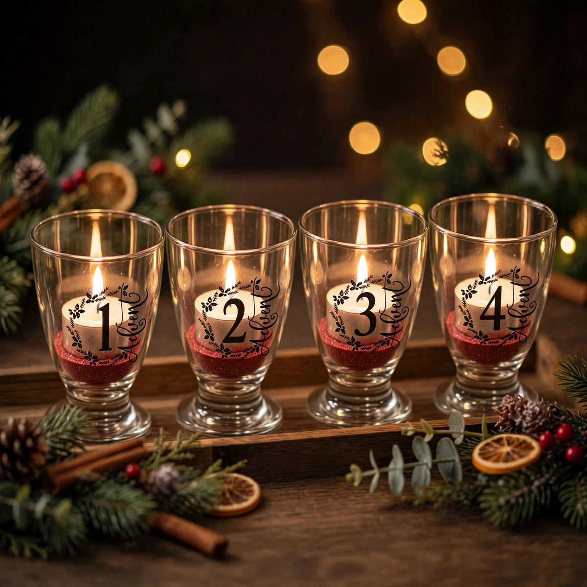 Adventsset mit 4 Teelichtgläsern Advent 1-4 mit rotem Deko-Sand auf Holztablett, weihnachtlich dekoriert mit brennenden Teelichtern