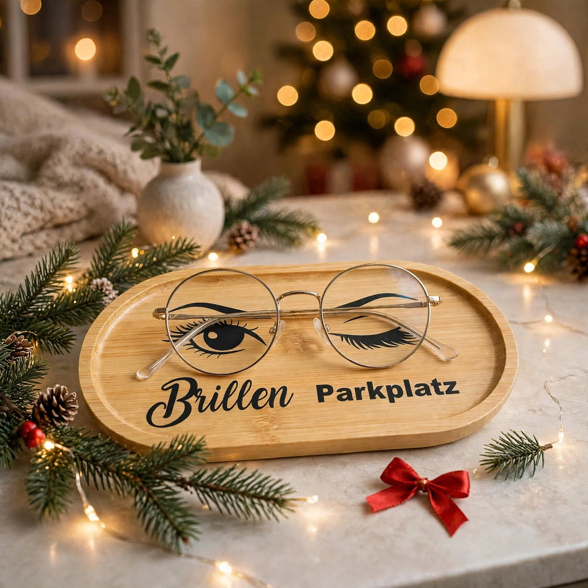 Bambus Tablett Brillen Parkplatz mit Vinyl und Epoxie mit Brille und roter Schleife - Geschenkidee zu Weihnachten