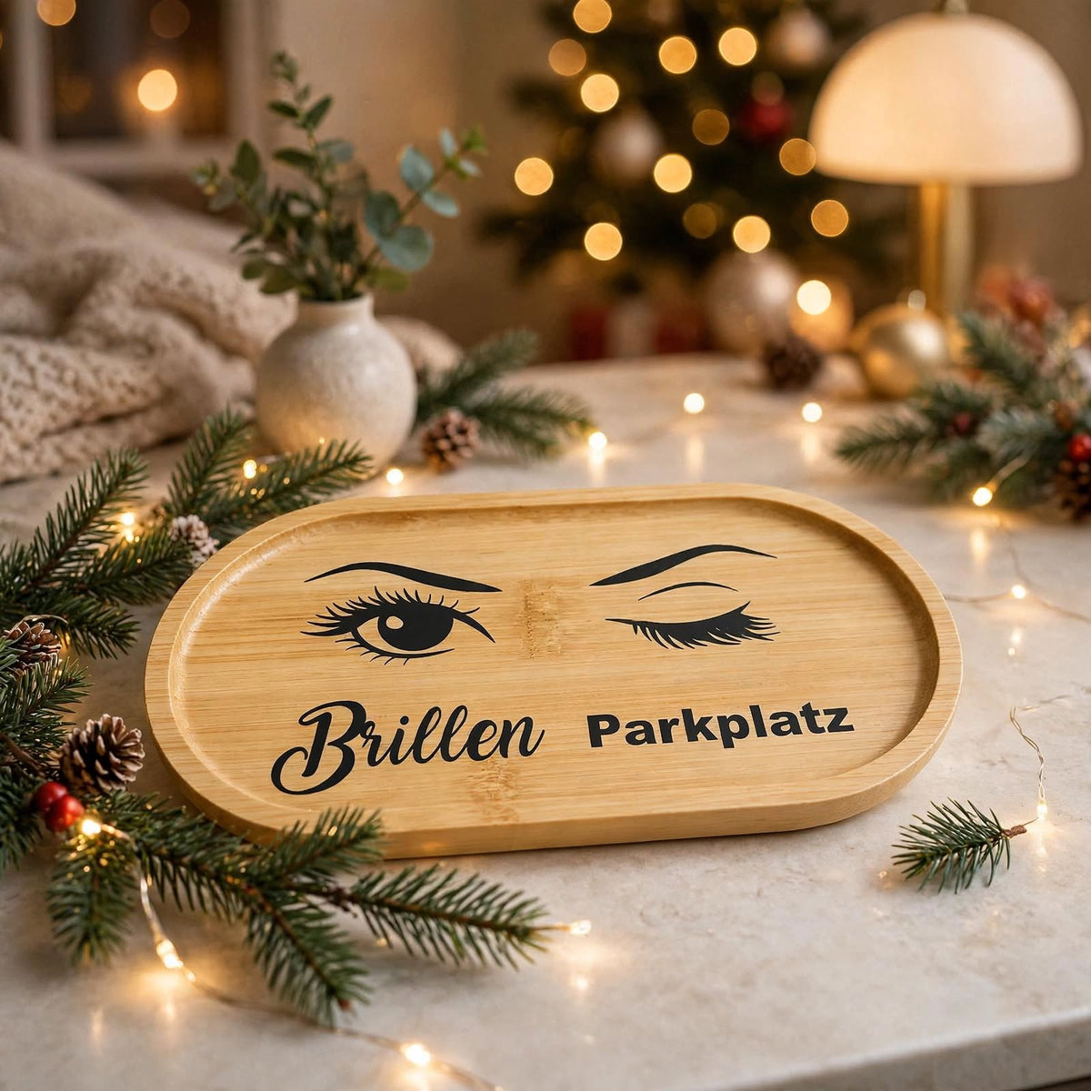 Bambus Tablett Brillen Parkplatz mit Vinyl und Epoxie versiegelt auf weihnachtlich dekoriertem Tisch - Brillenablage mit Augen Motiv