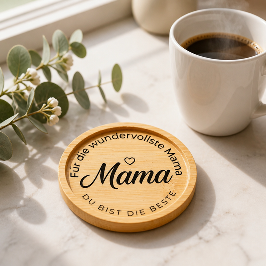 Bambus Untersetzer Mama Für die wundervollste Mama Du bist die Beste aus Bambus mit Vinylfolie und Epoxie versiegelt auf Marmortisch mit Kaffee und Eukalyptus