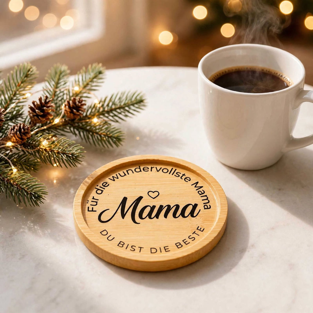 Bambus Untersetzer Mama Für die wundervollste Mama Du bist die Beste mit Vinylfolie und Epoxie versiegelt neben Tannenzweig mit Lichterkette und Kaffeetasse
