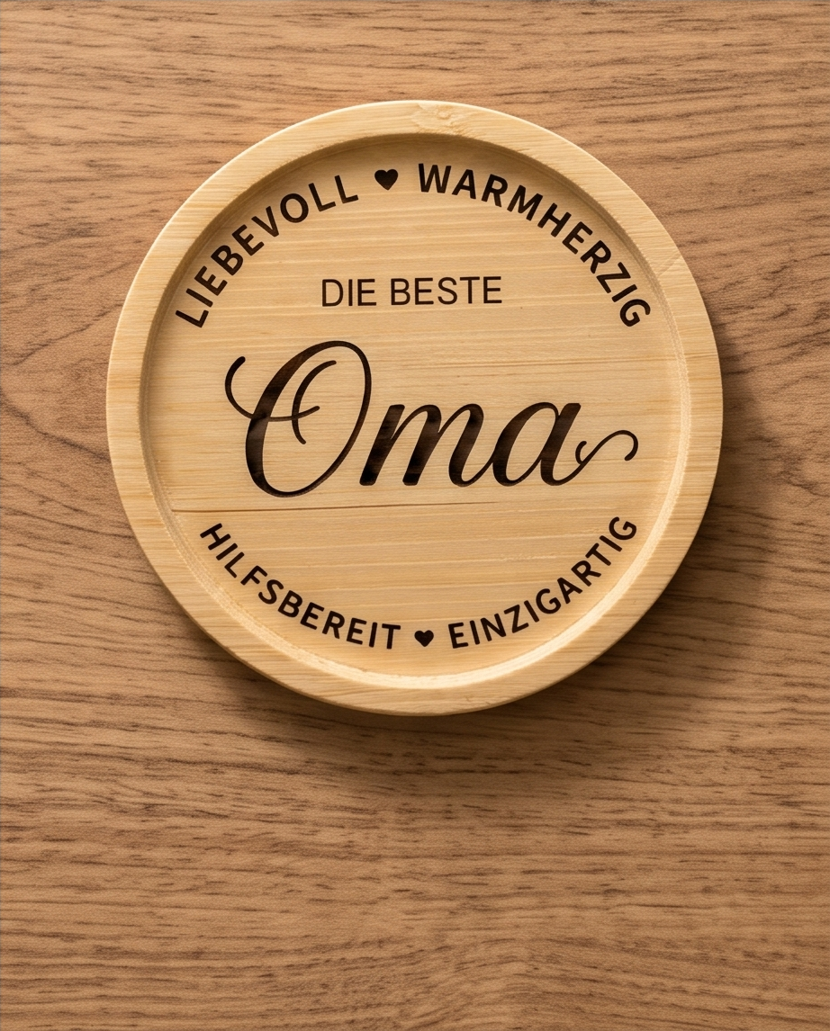 Detailansicht Bambus Untersetzer Oma Die Beste liebevoll warmherzig hilfsbereit einzigartig mit Vinylfolie und Epoxie versiegelt auf Holz