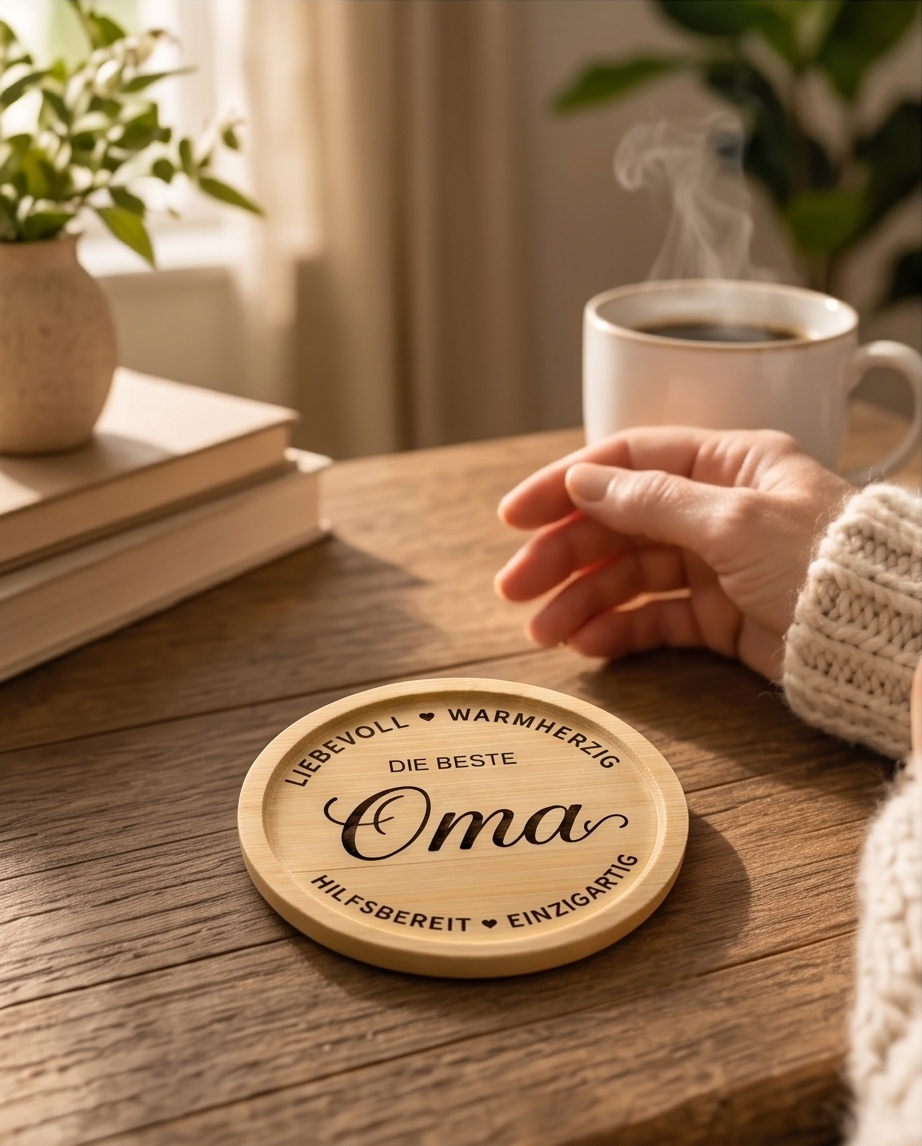Bambus Untersetzer Oma Die Beste mit Vinylfolie und Epoxie versiegelt auf Holztisch mit Hand und Kaffeetasse - gemütliche Geschenkidee für Oma