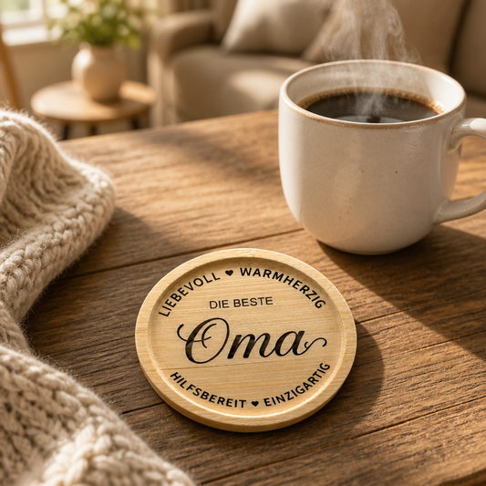 Bambus Untersetzer Oma Die Beste liebevoll warmherzig hilfsbereit einzigartig aus Bambus mit Vinylfolie und Epoxie versiegelt auf Holztisch mit Kaffeetasse