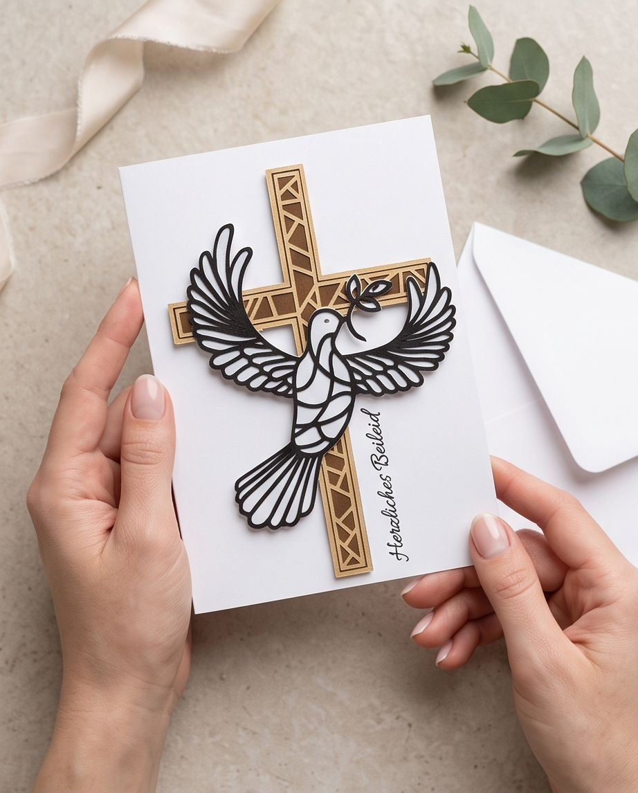 Handgemachte Beileidskarte mit Kreuz und Taube - Trauerkarte mit Umschlag zum Beileid schreiben
