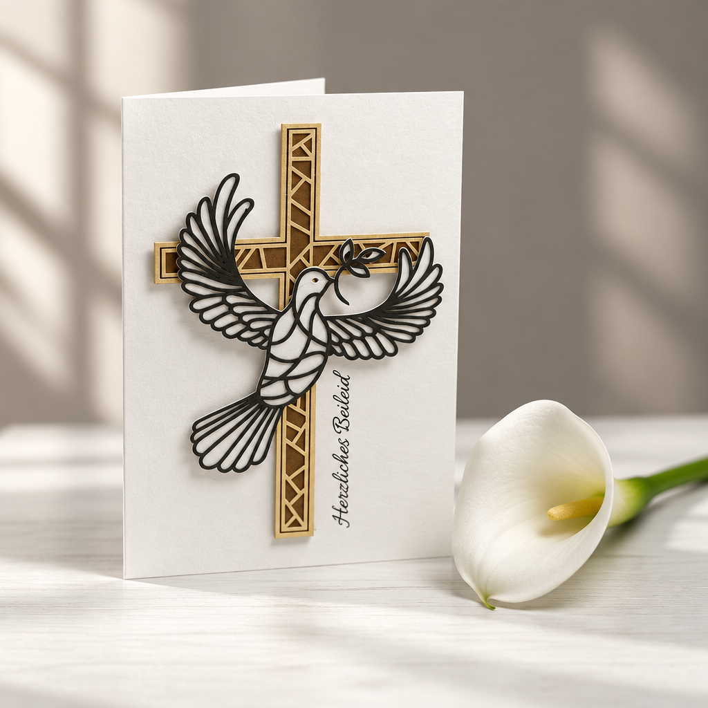 Beileidskarte mit Kreuz und Taube - Trauerkarte Herzliches Beileid mit Holzkreuz und Friedenstaube