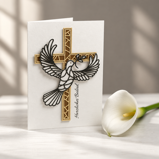 Beileidskarte mit Kreuz und Taube - Trauerkarte Herzliches Beileid mit Holzkreuz und Friedenstaube