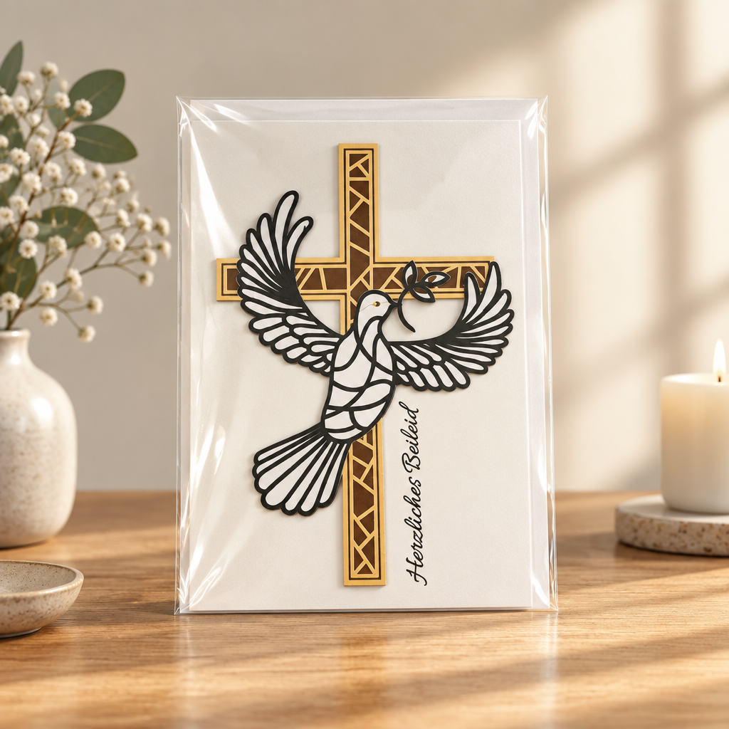 Beileidskarte Kreuz mit Taube in Verpackung - edle Trauerkarte Herzliches Beileid zum Verschenken