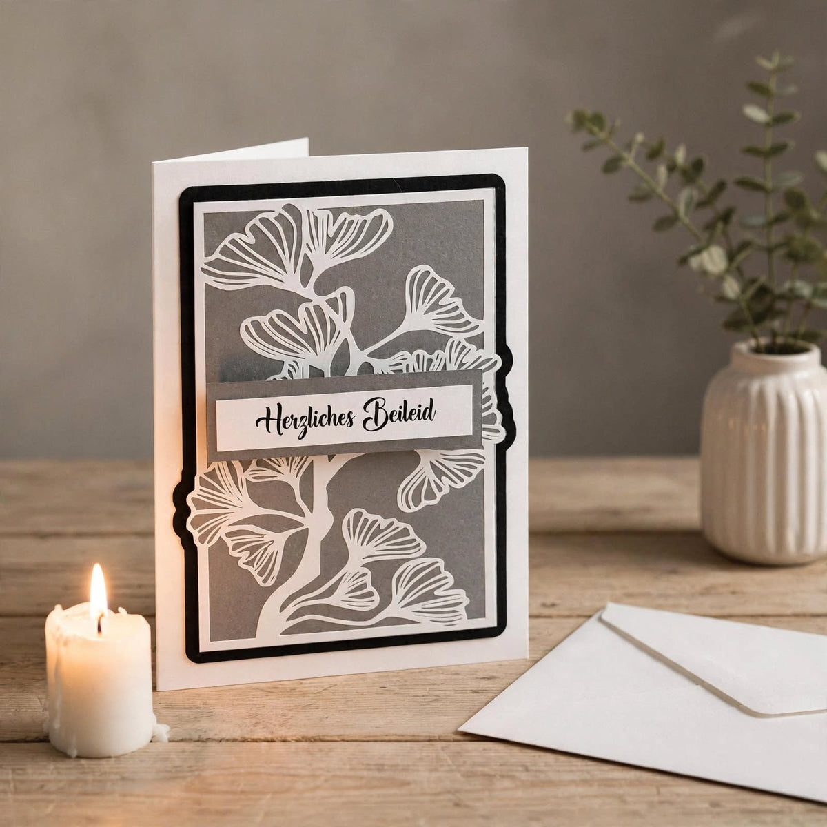 Trauerkarte "Herzliches Beileid" mit weißem Ginkgo-Motiv auf grauem Hintergrund, mit Kerze und Briefumschlag