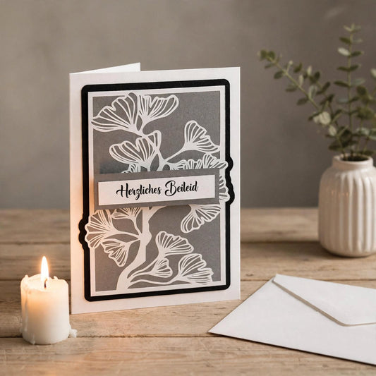 Trauerkarte "Herzliches Beileid" mit weißem Ginkgo-Motiv auf grauem Hintergrund, mit Kerze und Briefumschlag