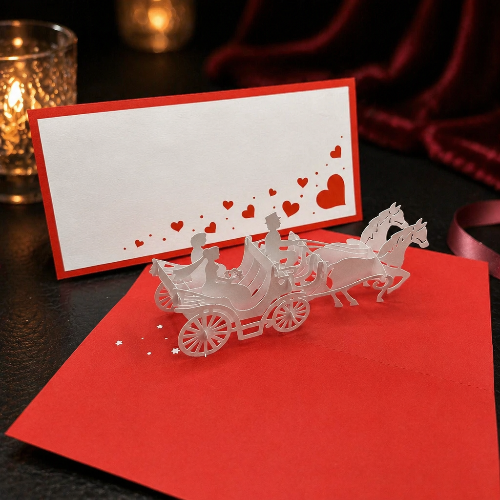 3D Pop-Up Karte Hochzeitskutsche Brautpaar Pferdekutsche 15x10cm