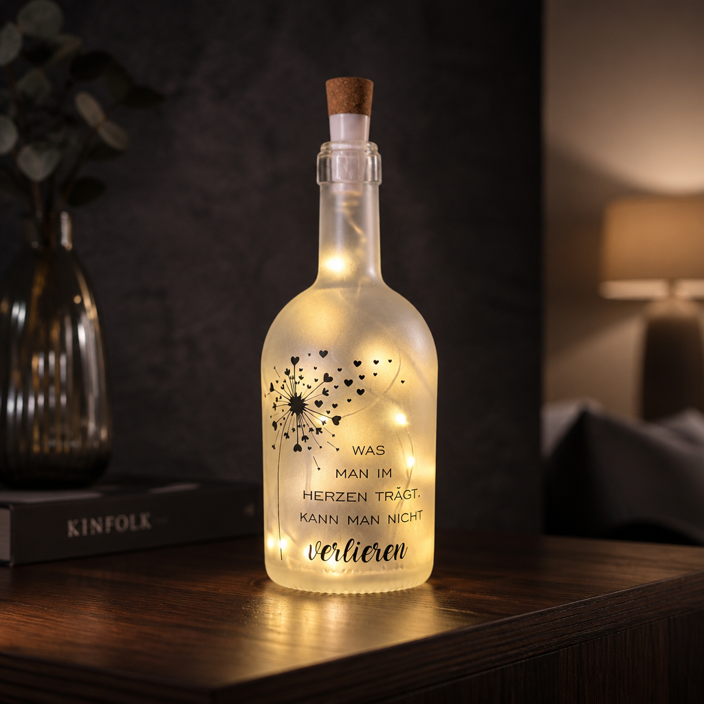 Erinnerungslicht "Für immer im Herzen" | LED Trauerflasche