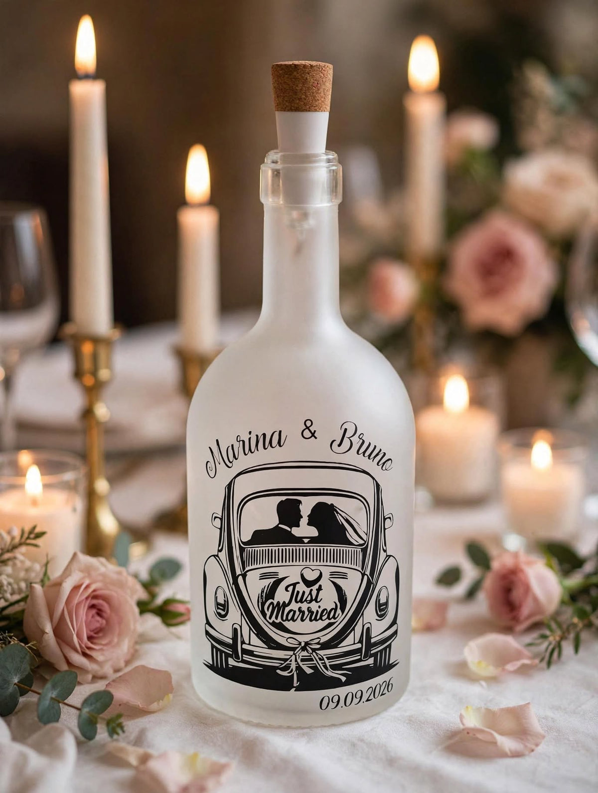 Flaschenlicht Hochzeit Deko mit Kerzen - personalisiertes Geschenk für Brautpaar am Hochzeitstisch