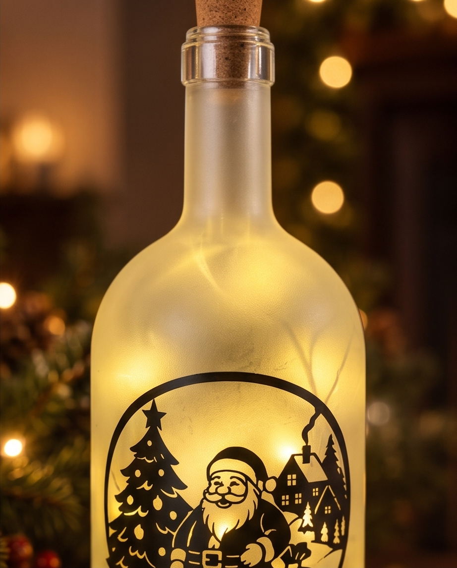Flaschenlicht Weihnachten Nahaufnahme - matt weisse Flasche mit Weihnachtsmann Motiv oval schwarz - Tannenbaum und Haus im Winter