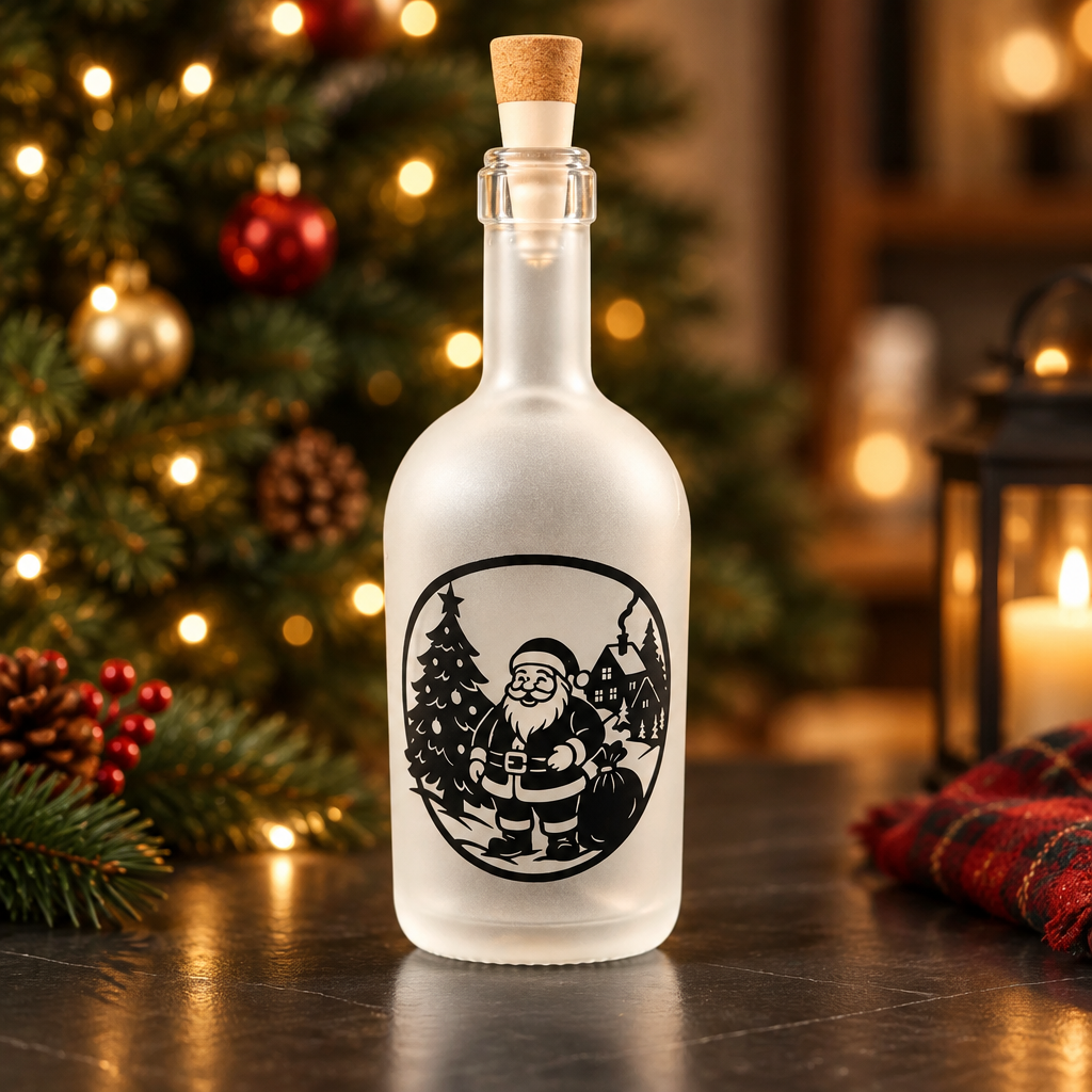 Flaschenlicht Weihnachten weiss matt ohne Licht - Tagesansicht der mattierten Flasche mit Weihnachtsmann Motiv und Korken - Deko Weihnachten