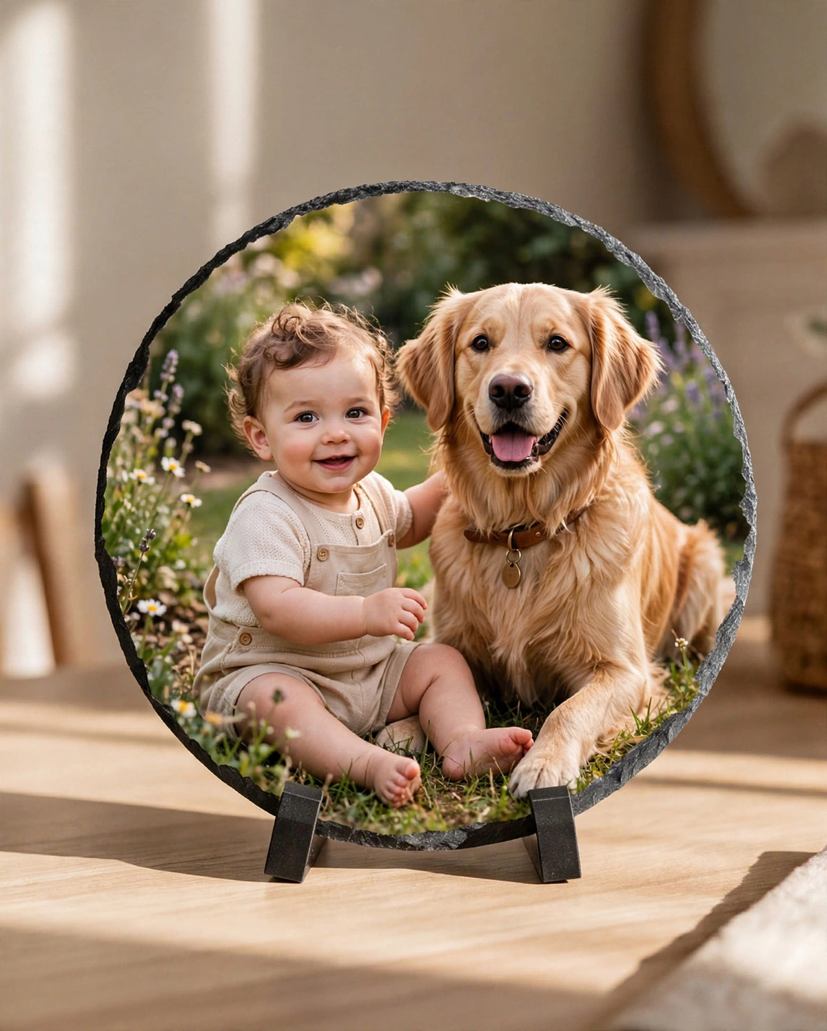 Runde Foto Schieferplatte 20cm mit Baby und Golden Retriever auf Naturschiefer mit UV-Druck auf Ständern - Geschenk zur Geburt Familie mit Haustier