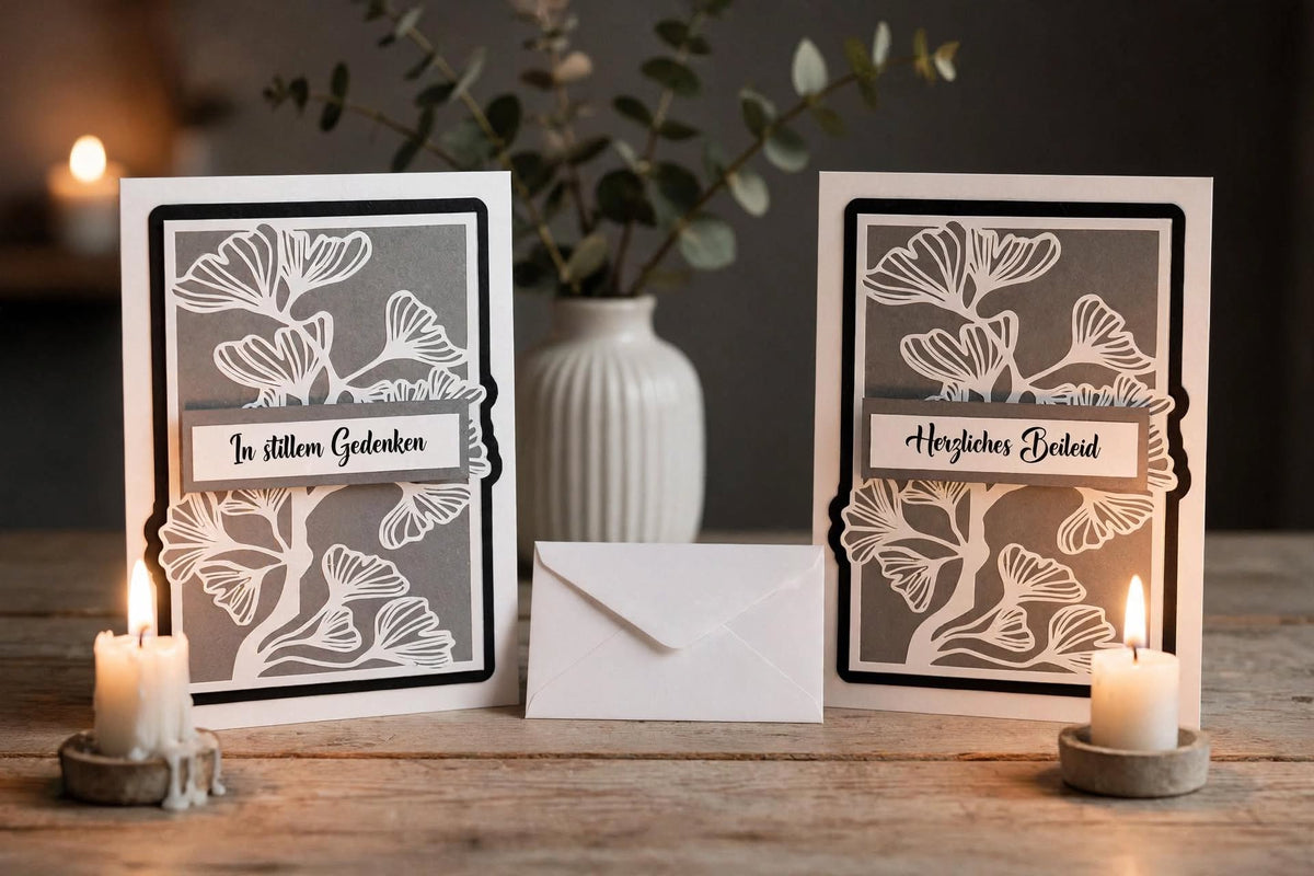 Zwei Trauerkarten "In stillem Gedenken" und "Herzliches Beileid" mit Ginkgo-Design nebeneinander