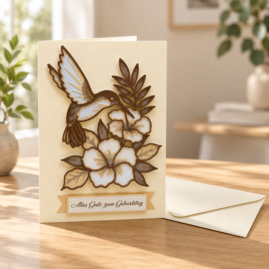 Geburtstagskarte Kolibri mit Blüten 3D stehend auf Holztisch mit Umschlag - Alles Liebe zum Geburtstag Karte
