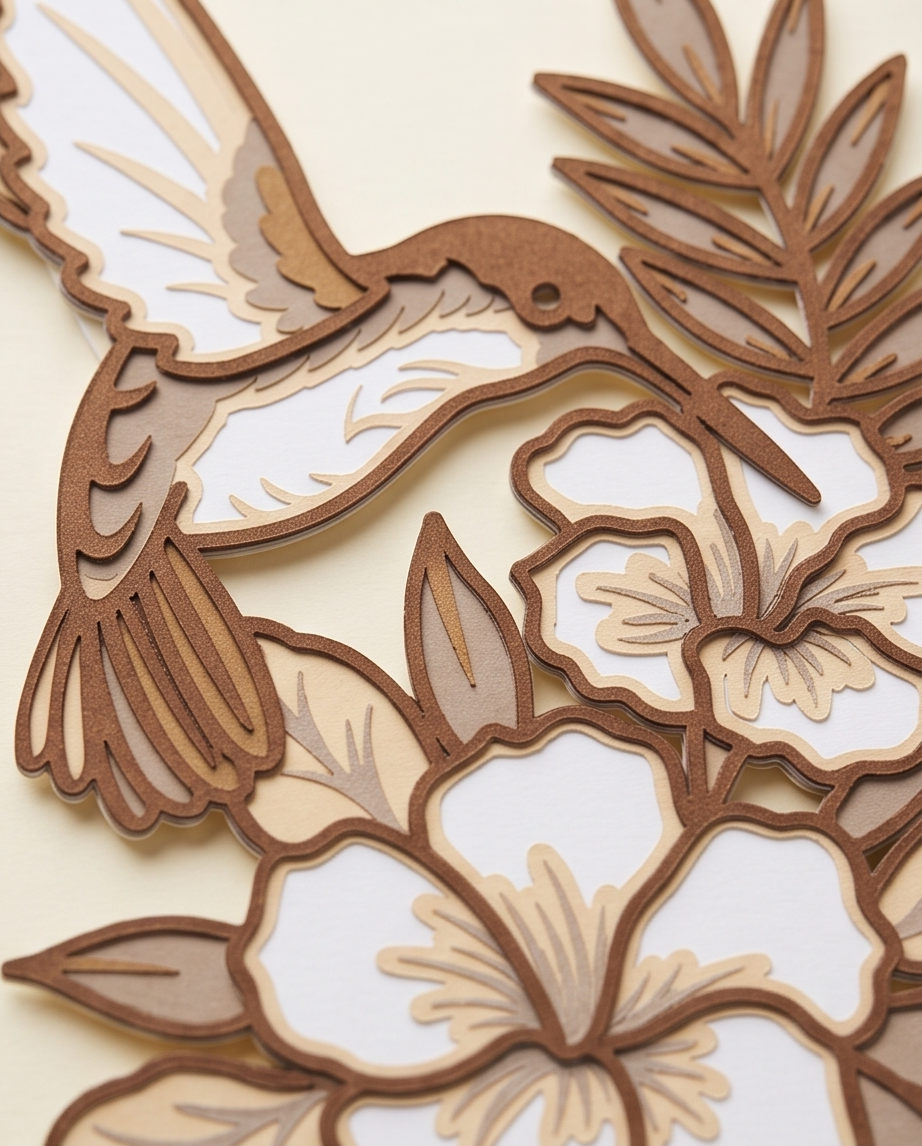 Detailansicht Geburtstagskarte Kolibri mit Blüten 3D Lasercut in braun weiss - filigrane Papierkunst