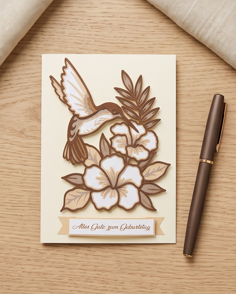 Geburtstagskarte Kolibri mit Blüten flach auf Holztisch mit Stift - Alles Liebe zum Geburtstag Grusskarte

