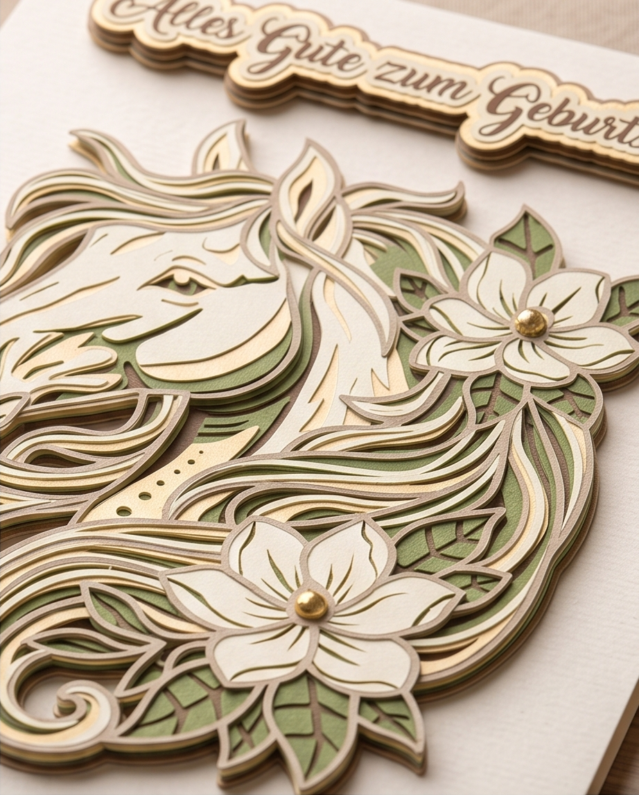 Detailansicht Geburtstagskarte Pferd mit Blumen in Layer Optik aus Holz - filigranes Pferdemotiv mit Blüten zum Geburtstag