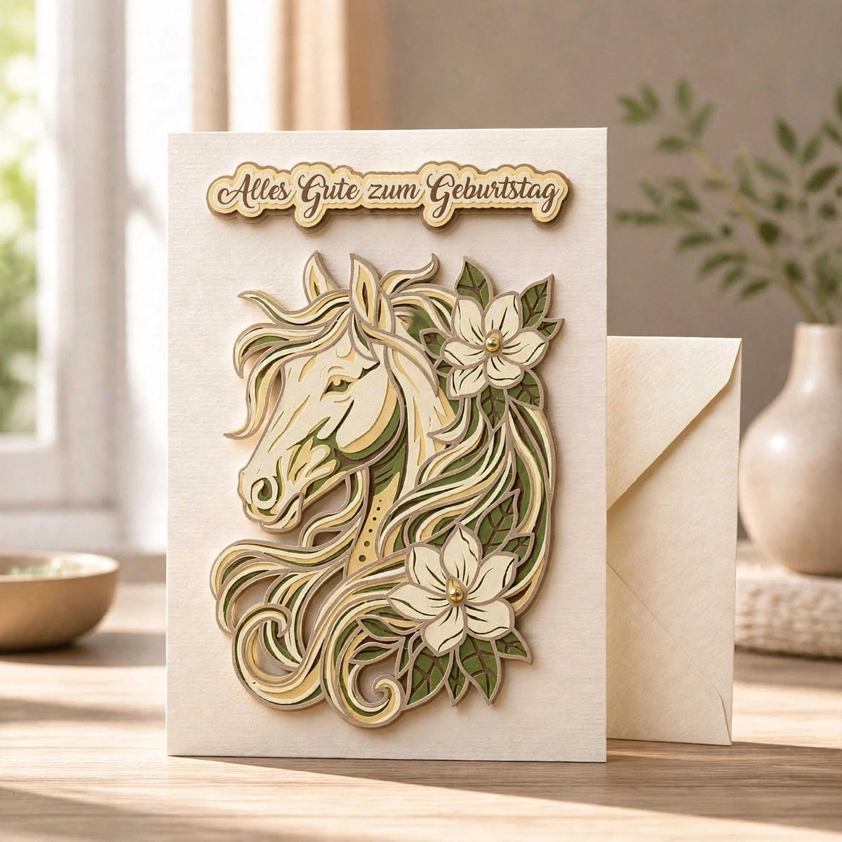 Geburtstagskarte mit Pferd Motiv Alles Gute zum Geburtstag aus Holz in 3D Optik auf Holztisch am Fenster mit Kuvert - handgemachte Glückwunschkarte