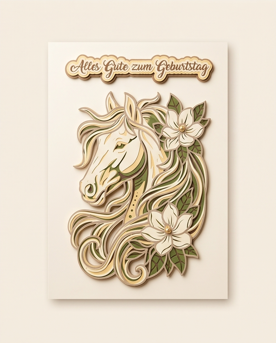 Geburtstagskarte Pferd Alles Gute zum Geburtstag freigestellt - Klappkarte mit 3D Pferd und Blumen Motiv aus Holz