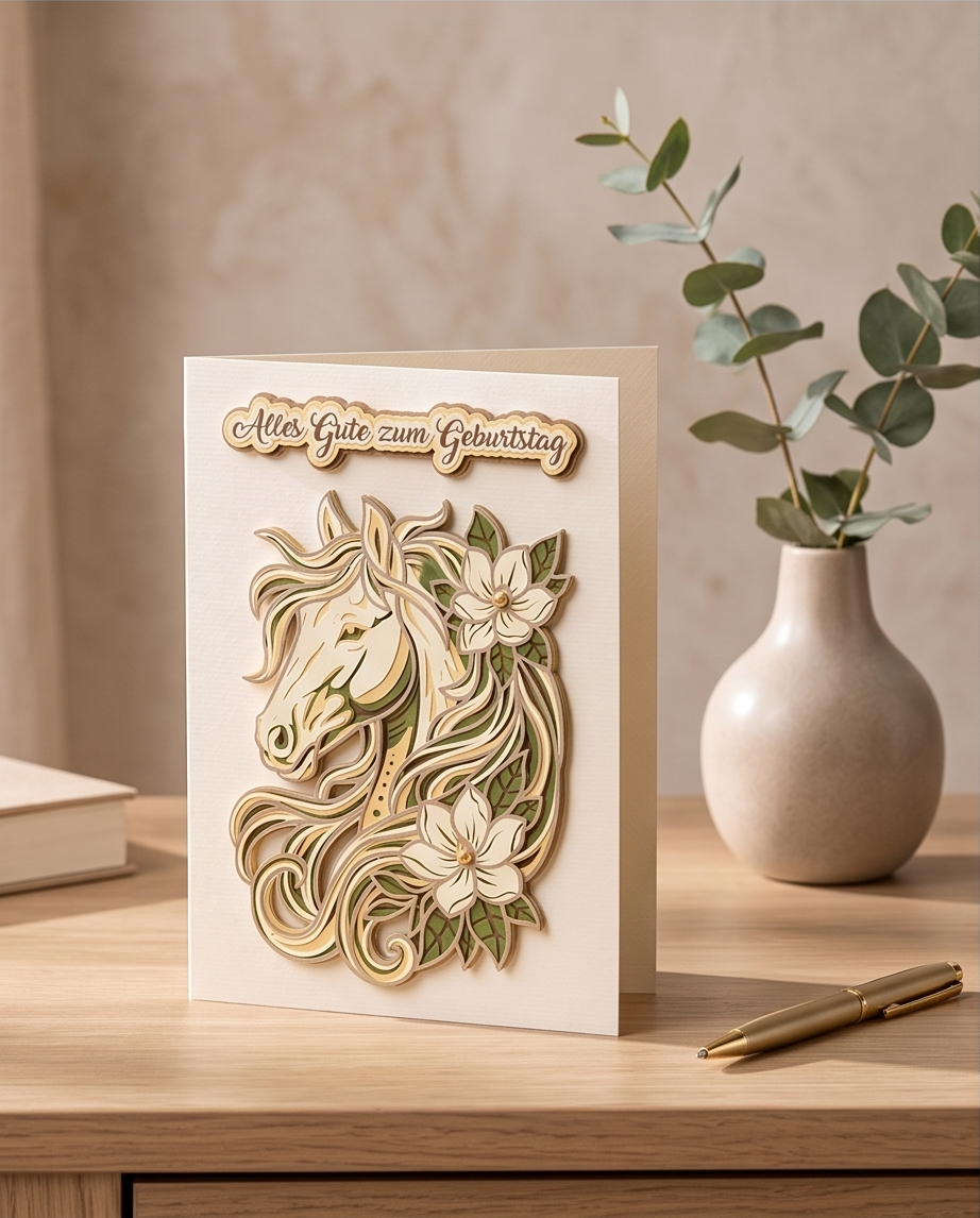Geburtstagskarte Pferd Alles Gute zum Geburtstag aufgestellt auf Holztisch mit Vase und Eukalyptus - elegante Geburtstagskarte für Pferdeliebhaber