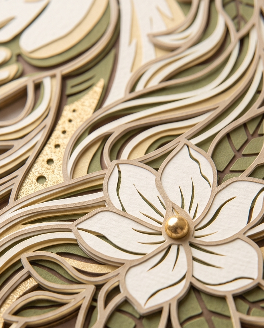 Detailansicht Geburtstagskarte Pferd Happy Birthday - filigrane Holzschichten mit weisser Blume und goldener Perle