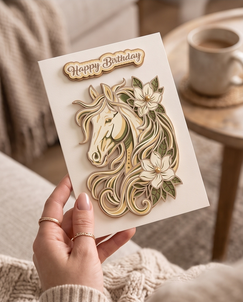 Hand hält Geburtstagskarte Pferd Happy Birthday mit 3D Pferdemotiv und Blumen - Geschenkkarte für Pferdeliebhaber