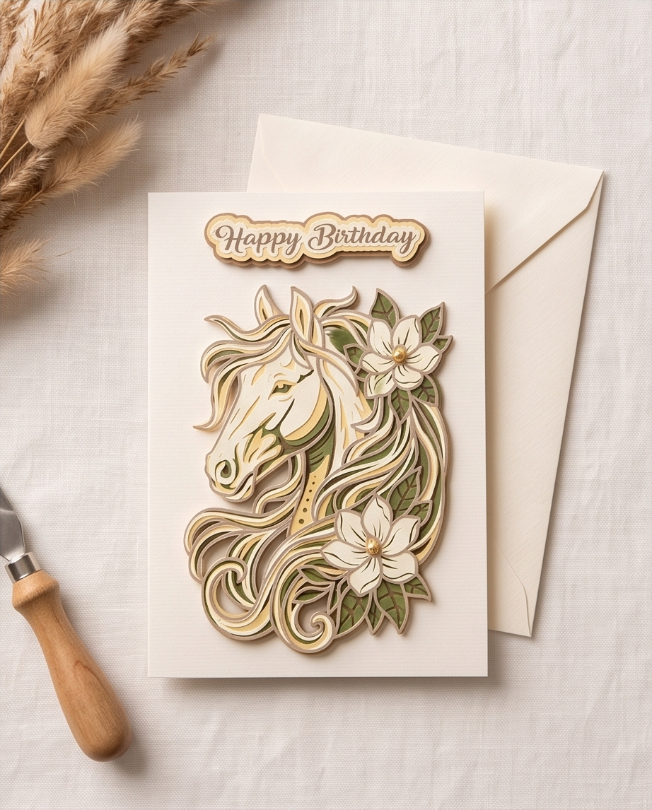 Geburtstagskarte Pferd Happy Birthday liegend mit Kuvert auf hellem Stoff - elegante Klappkarte aus Holz mit Pferd und Blumen