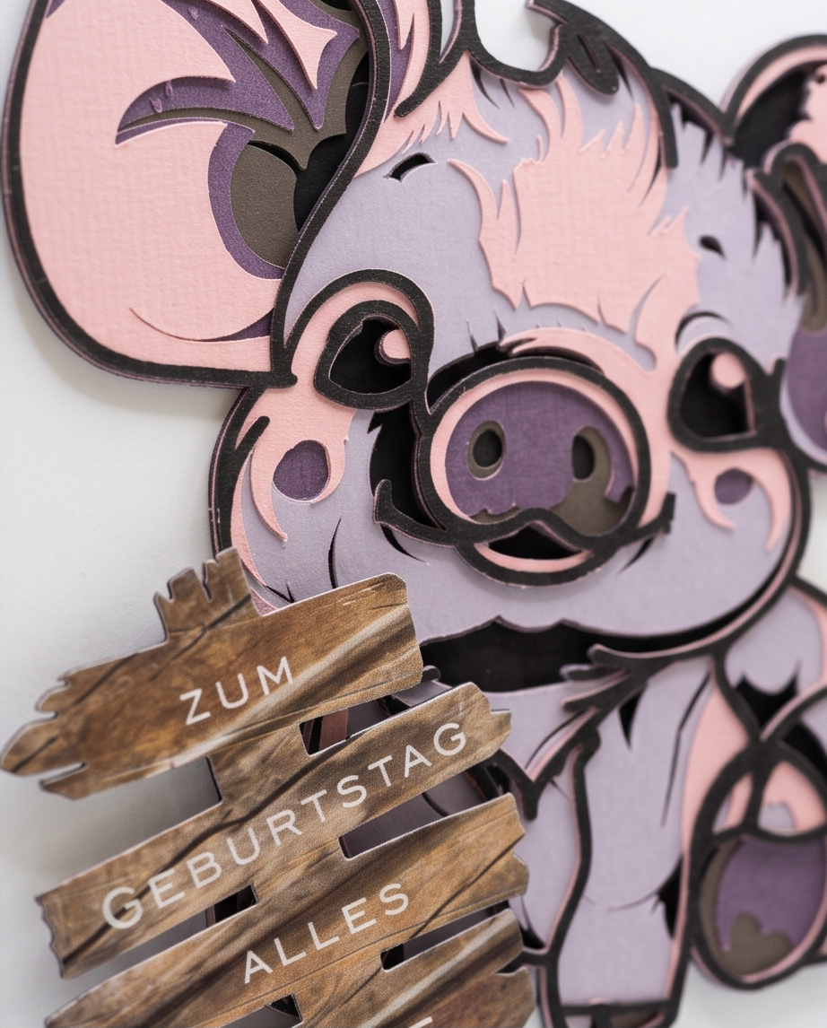 Detailaufnahme Geburtstagskarte Schweinchen Holzschild Zum Geburtstag alles Gute