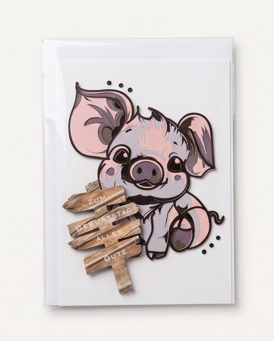 Geburtstagskarte Schweinchen Zum Geburtstag alles Gute handgemacht weisser Hintergrund