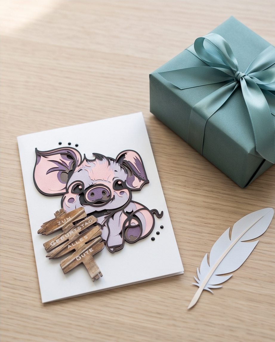 Geburtstagskarte Schweinchen mit Geschenkverpackung und Feder Deko