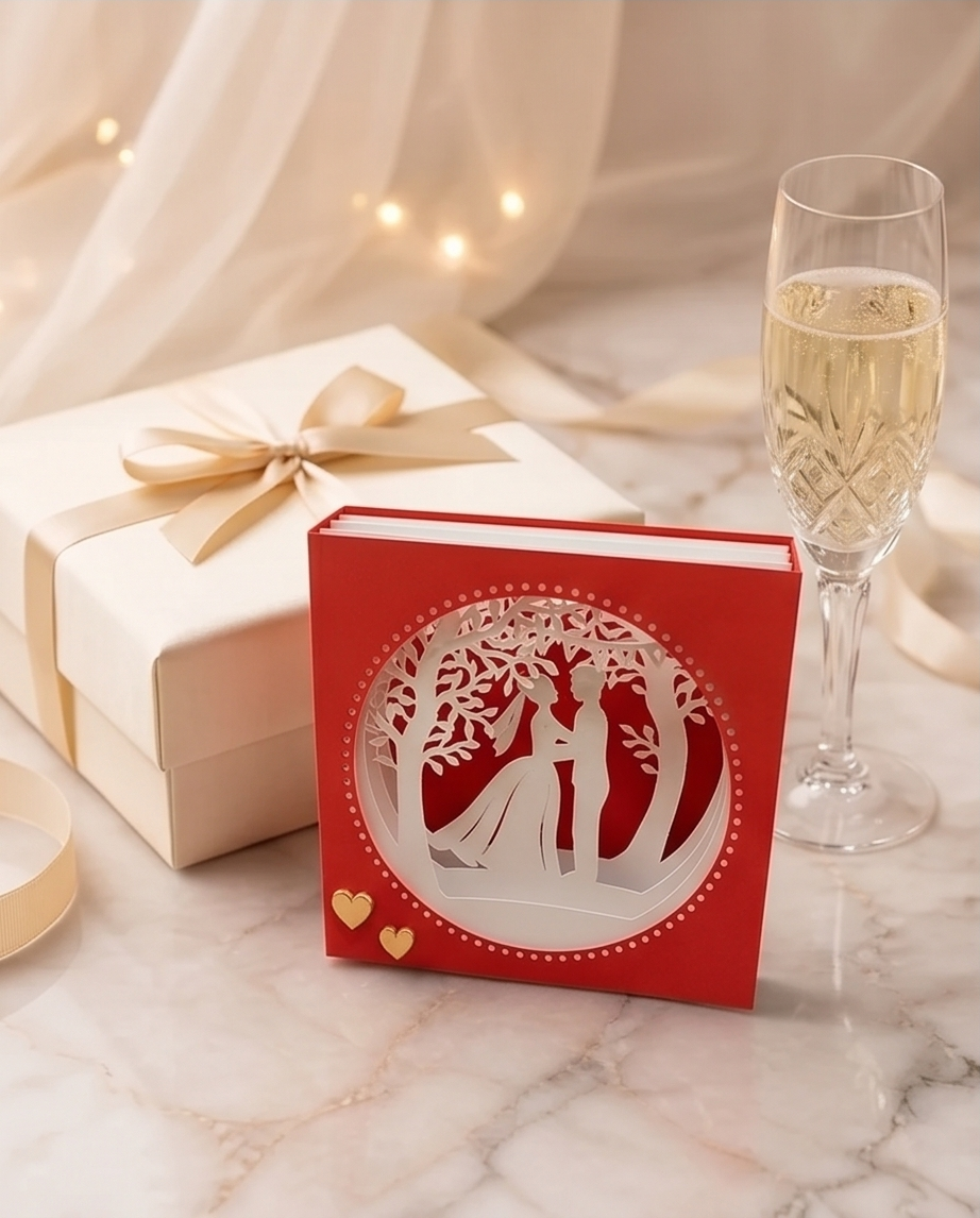 Bordeauxrote Tunnelkarte Hochzeit neben Geschenkbox mit goldener Schleife und Champagnerglas auf Marmortisch