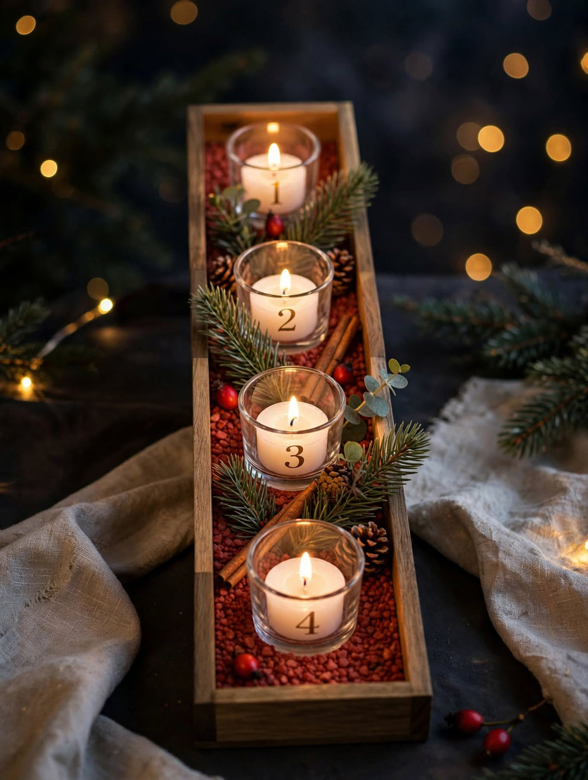 Holz Tablett mit vier Adventskerzen mit Nummern 1 bis 4 dekoriert mit Tannenzweigen und roten Beeren in gemütlicher Weihnachtsstimmung